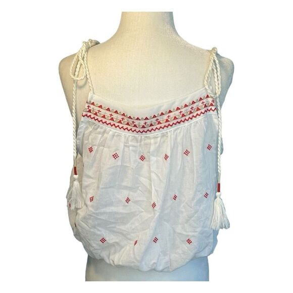 Altar'd State Shirred Tie Shoulders Top White Red Tan Pattern Sheer Cotton Crop - Picture 3 of 6